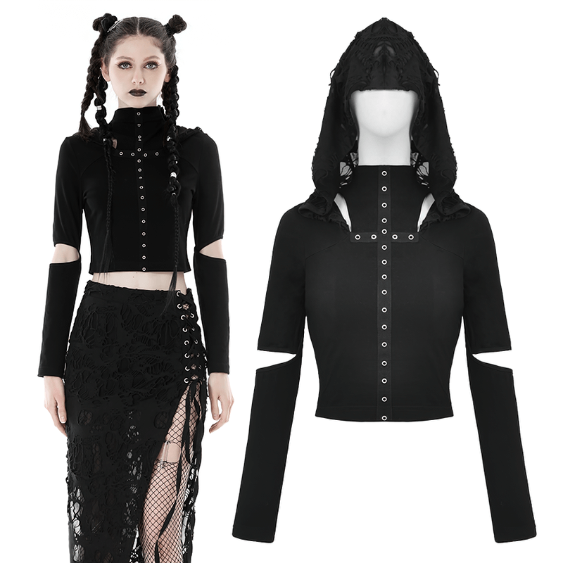 Gothic Long Sleeves Black Crop Top with Eyelets and Hood