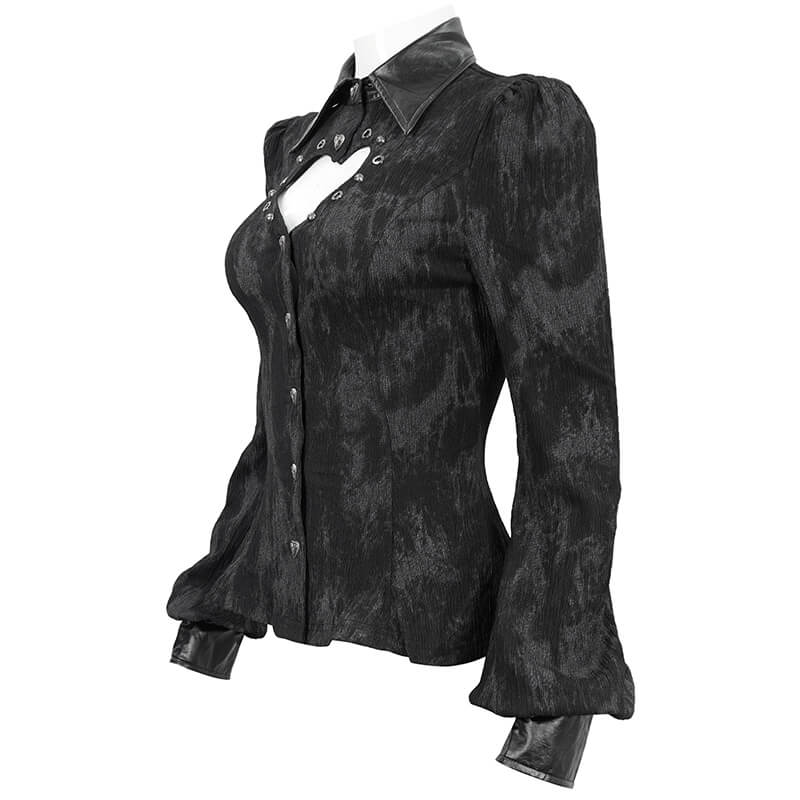 Gothic Long Sleeves Lace-Up Back Blouse for Women / Black Shirt with Heart-Shaped Cutout