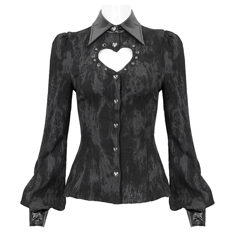 Gothic Long Sleeves Lace-Up Back Blouse for Women / Black Shirt with Heart-Shaped Cutout