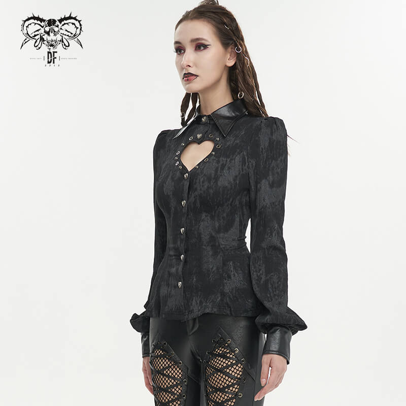 Gothic Long Sleeves Lace-Up Back Blouse for Women / Black Shirt with Heart-Shaped Cutout