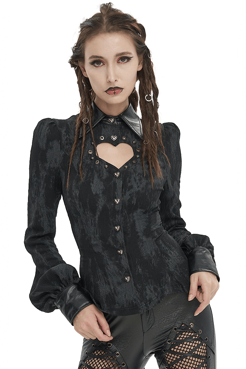 Gothic Long Sleeves Lace-Up Back Blouse for Women / Black Shirt with Heart-Shaped Cutout