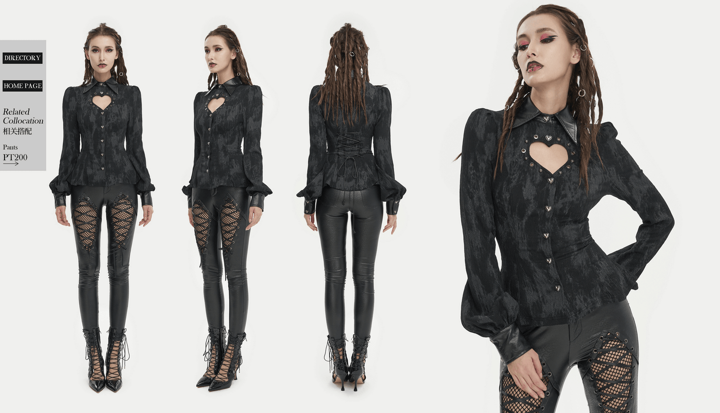 Gothic Long Sleeves Lace-Up Back Blouse for Women / Black Shirt with Heart-Shaped Cutout