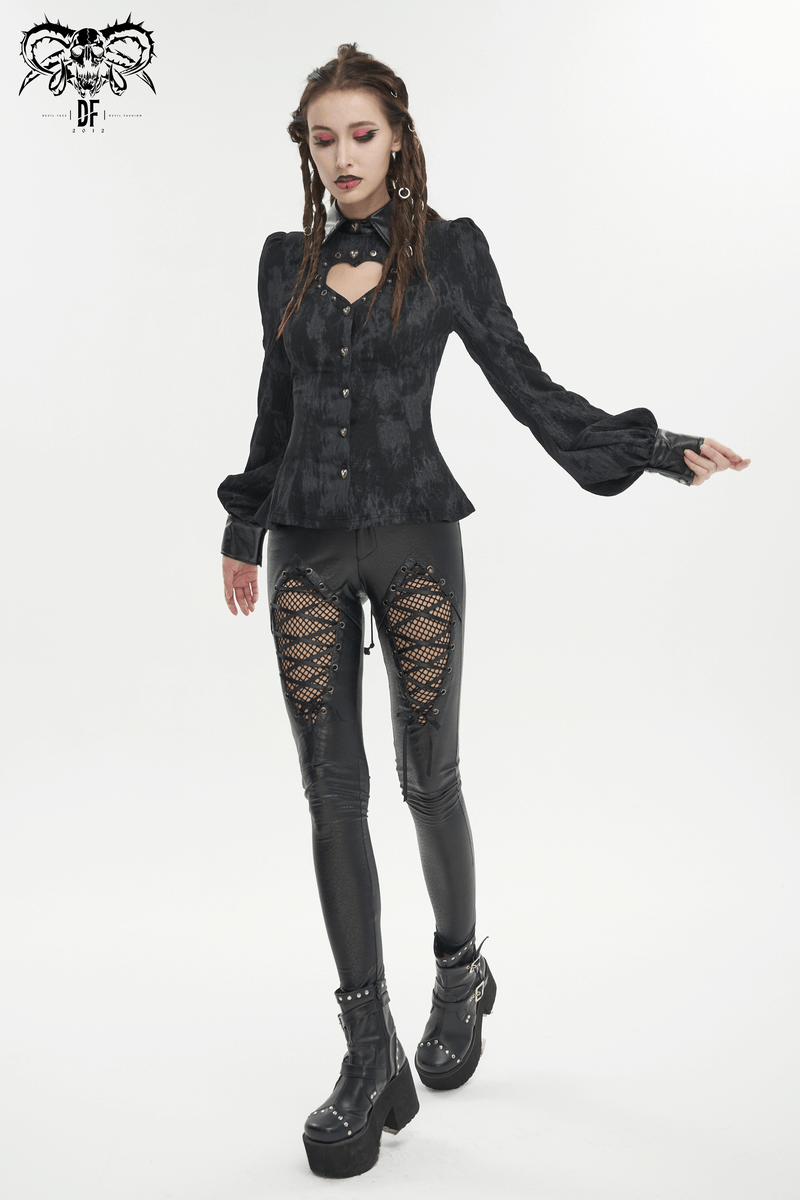 Gothic Long Sleeves Lace-Up Back Blouse for Women / Black Shirt with Heart-Shaped Cutout