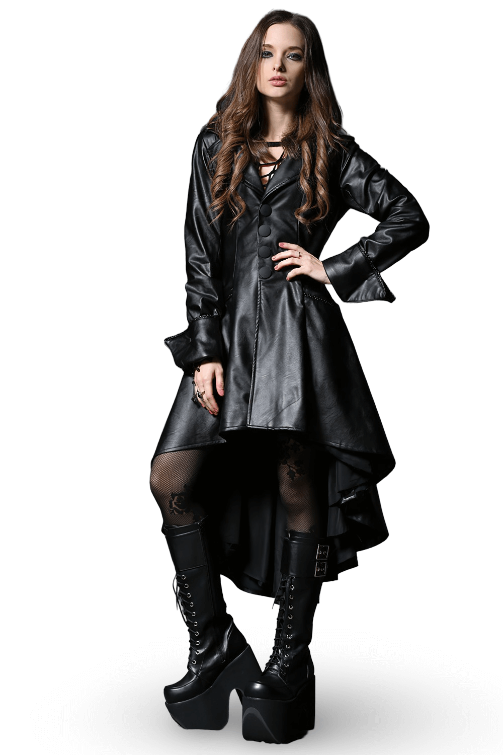 Gothic Long Tailcoat with Hood and Button Front