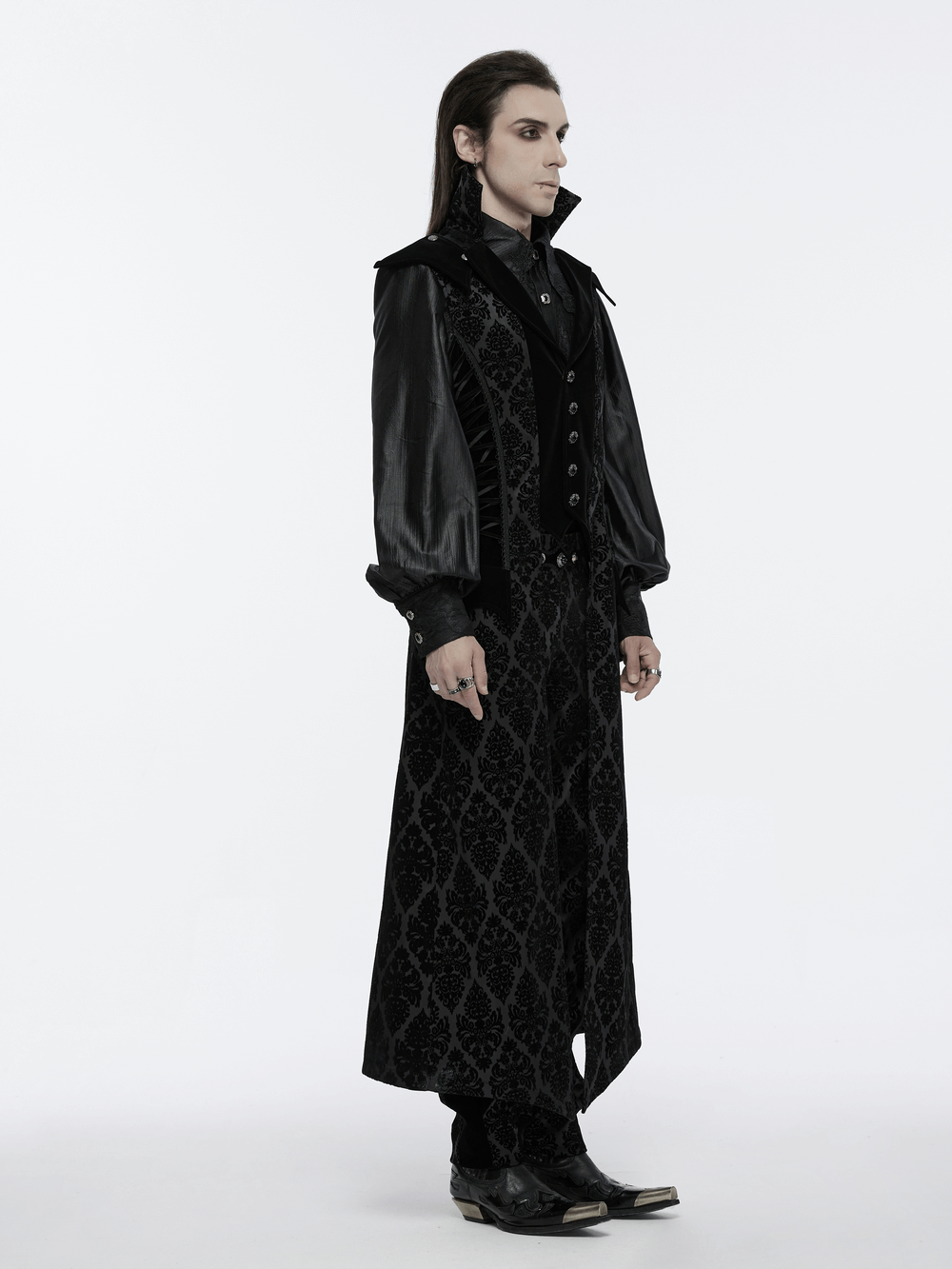 Gothic Long Waistcoat with Stand Collar and Velvet Details
