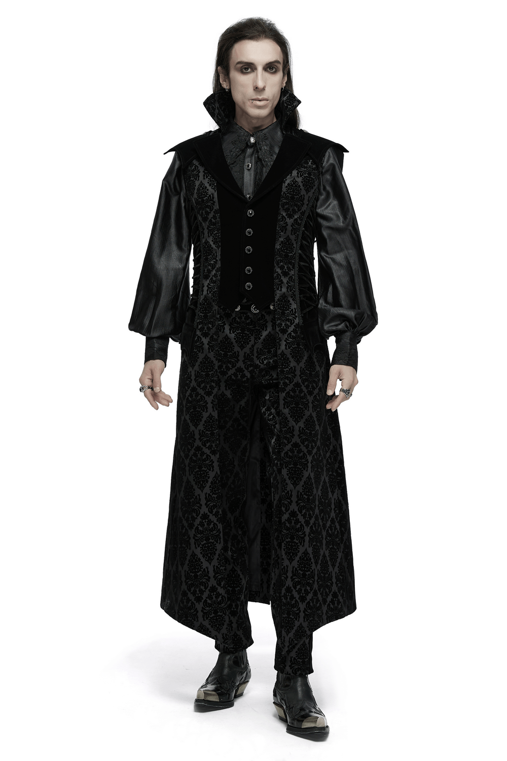 Gothic Long Waistcoat with Stand Collar and Velvet Details