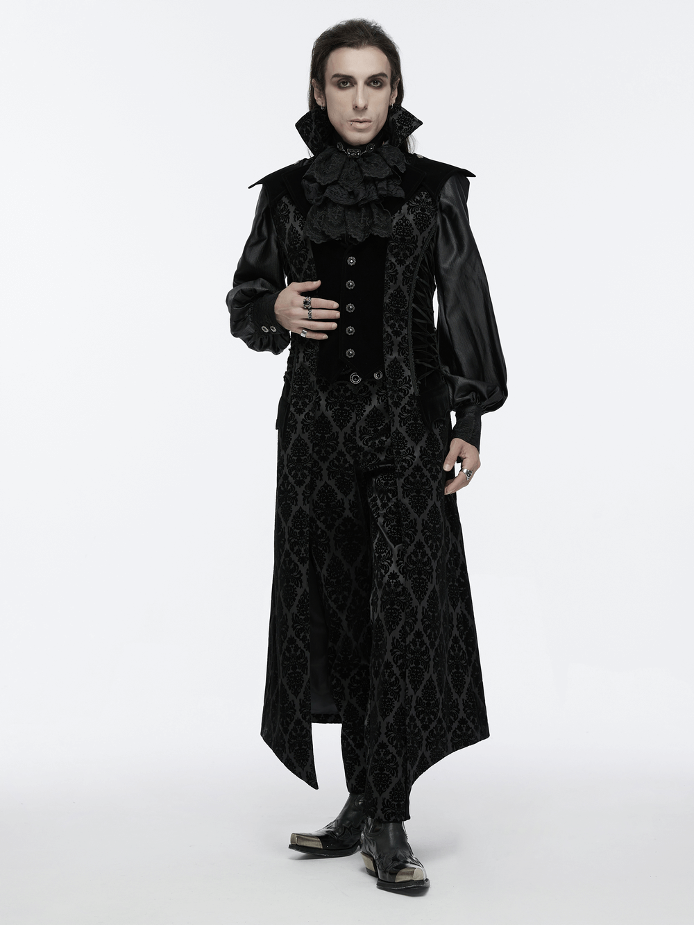 Gothic Long Waistcoat with Stand Collar and Velvet Details