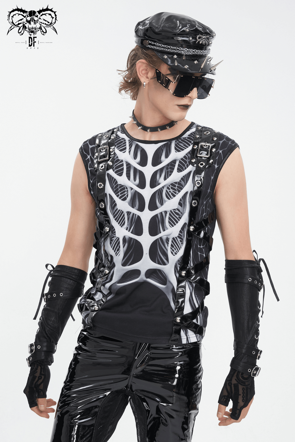 Gothic Male Tank Top with Skeleton Graphic and Rivets