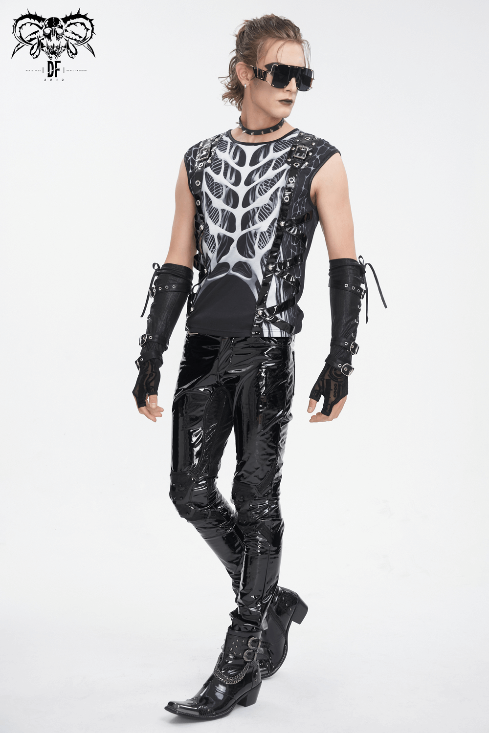 Gothic Male Tank Top with Skeleton Graphic and Rivets
