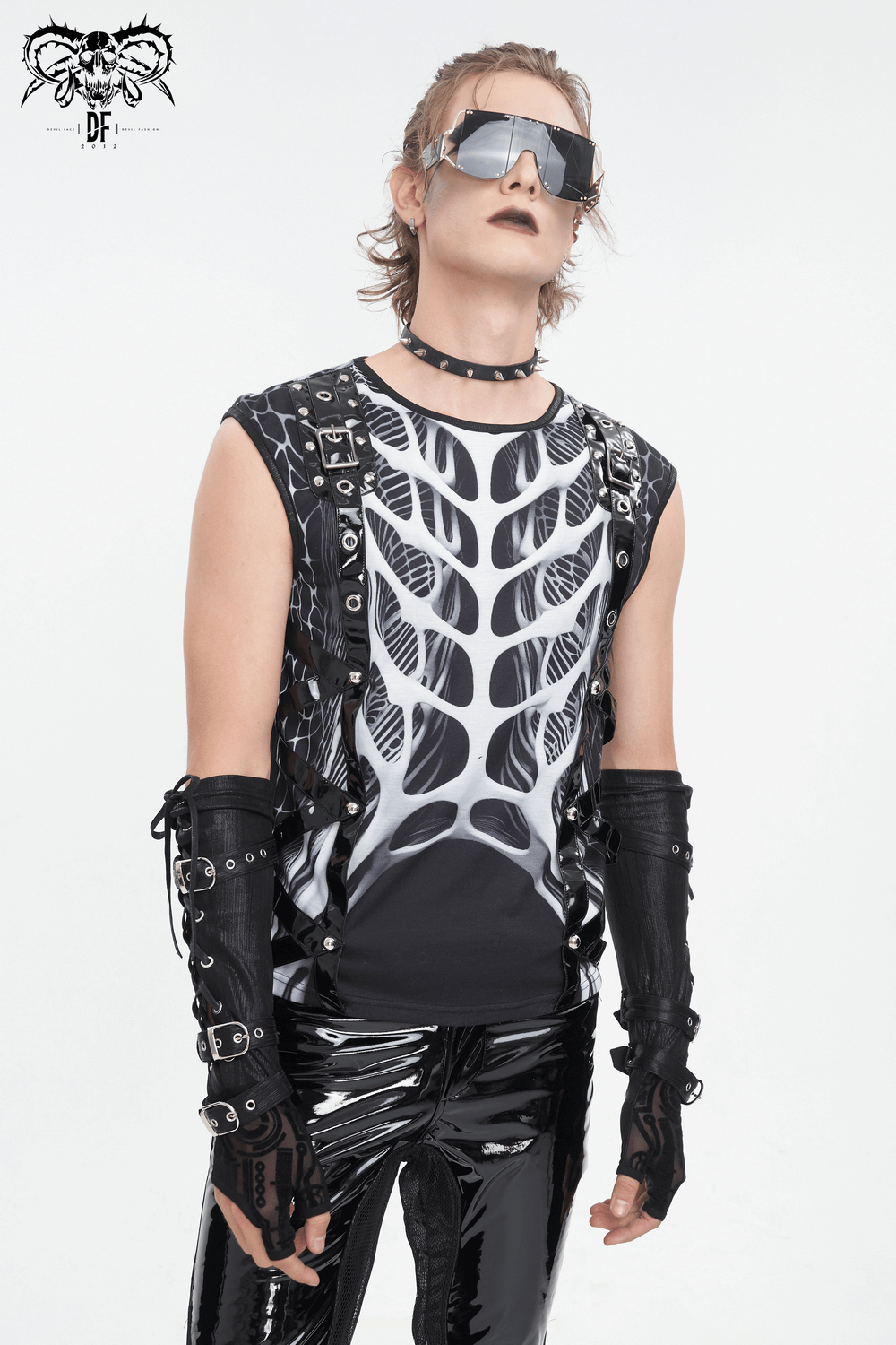 Gothic Male Tank Top with Skeleton Graphic and Rivets