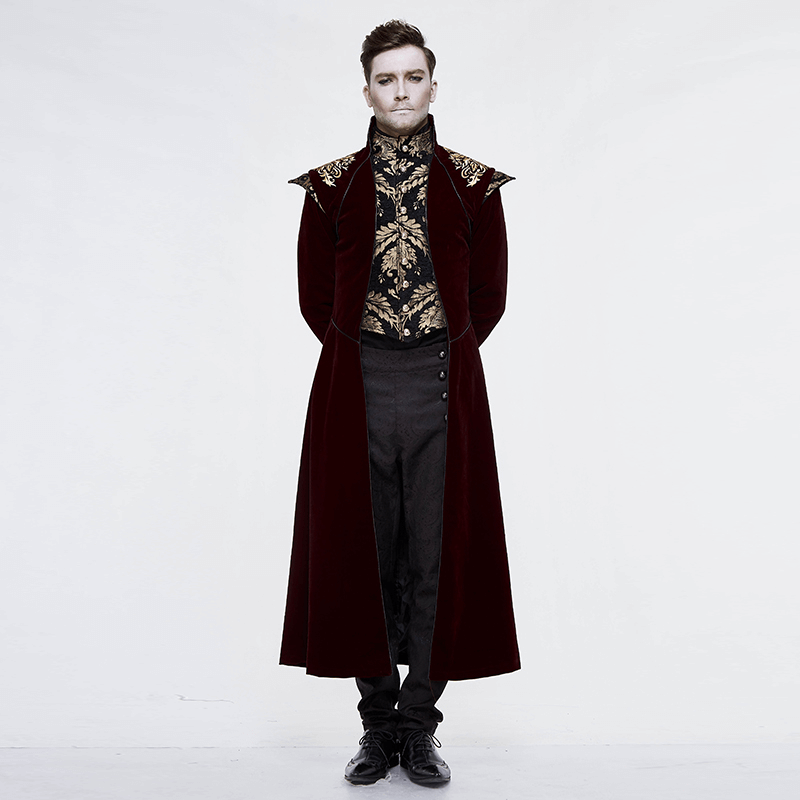 Gothic Male Wine Red Long Tail Coat / Vintage Coat with Gold Patterns on Front and Shoulders for Men