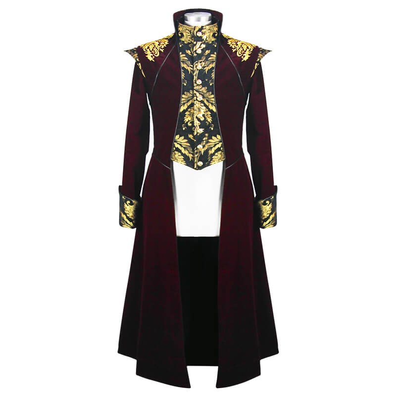 Gothic Male Wine Red Long Tail Coat / Vintage Coat with Gold Patterns on Front and Shoulders for Men