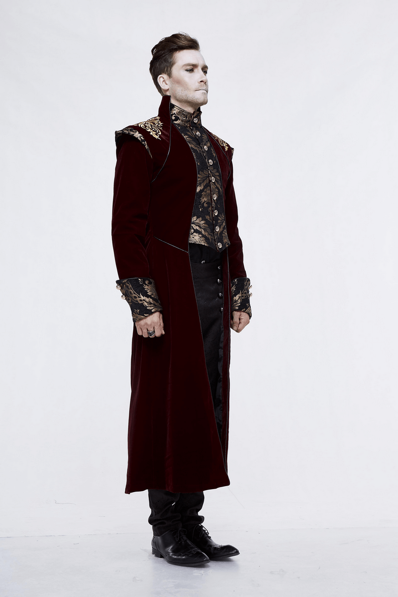 Gothic Male Wine Red Long Tail Coat / Vintage Coat with Gold Patterns on Front and Shoulders for Men
