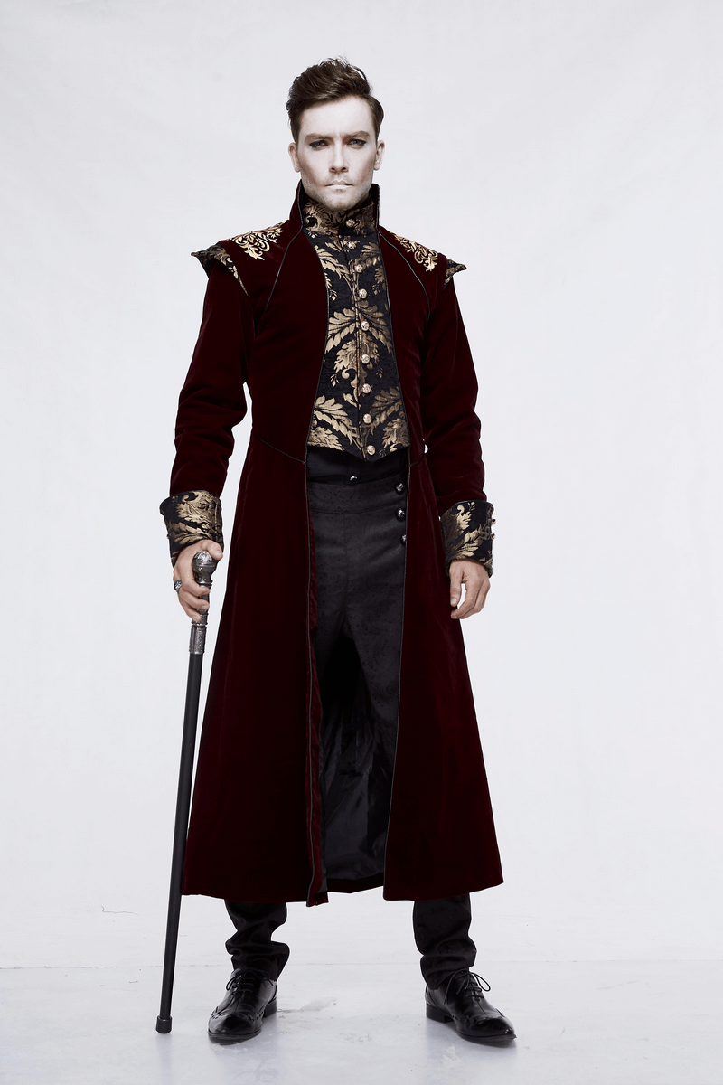 Gothic Male Wine Red Long Tail Coat / Vintage Coat with Gold Patterns on Front and Shoulders for Men