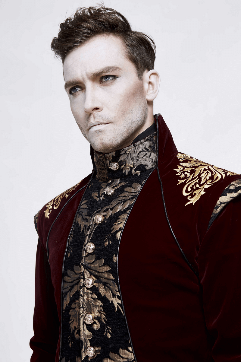 Gothic Male Wine Red Long Tail Coat / Vintage Coat with Gold Patterns on Front and Shoulders for Men