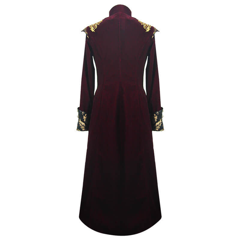 Gothic Male Wine Red Long Tail Coat / Vintage Coat with Gold Patterns on Front and Shoulders for Men