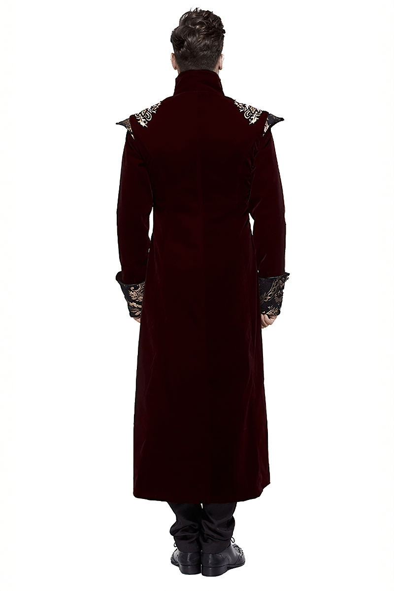 Gothic Male Wine Red Long Tail Coat / Vintage Coat with Gold Patterns on Front and Shoulders for Men