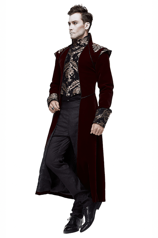 Gothic Male Wine Red Long Tail Coat / Vintage Coat with Gold Patterns on Front and Shoulders for Men