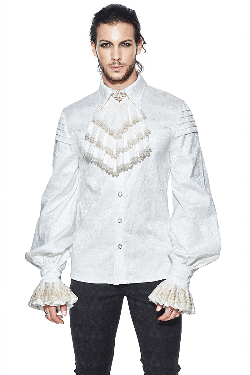 Gothic Men White Shirt With Tie & Lace Frill On Cuffs / Vintage Pattern Shirts with Metal Buttons