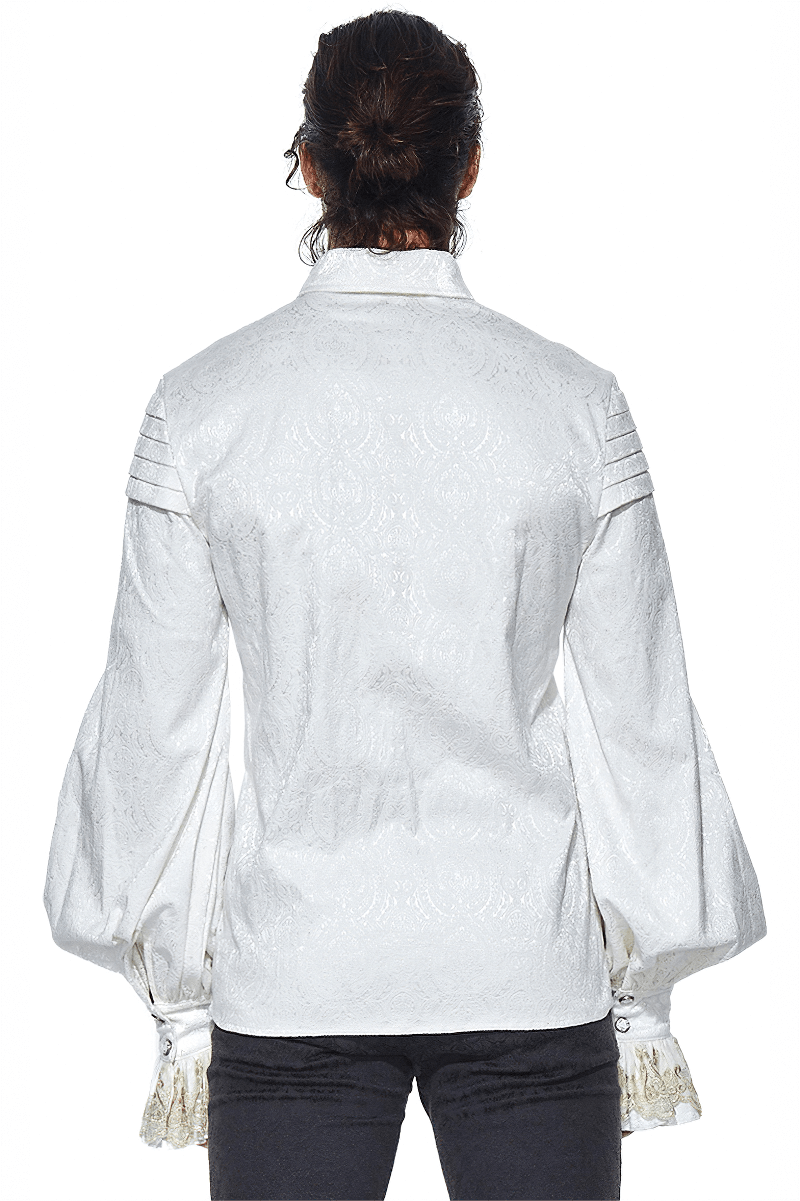 Gothic Men White Shirt With Tie & Lace Frill On Cuffs / Vintage Pattern Shirts with Metal Buttons
