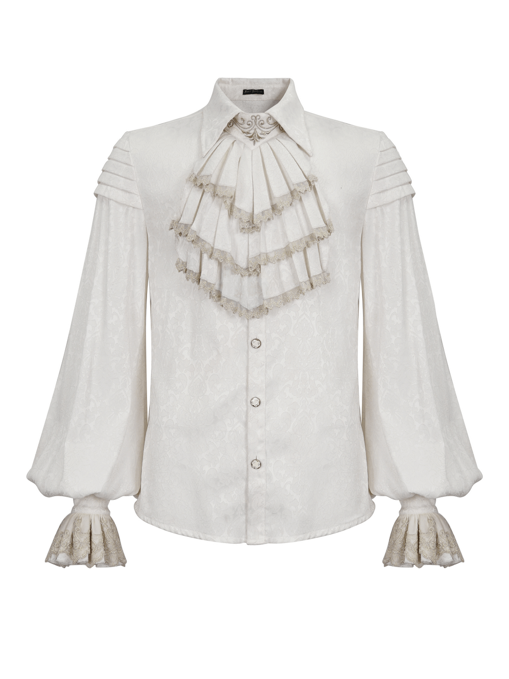 Gothic Men White Shirt With Tie & Lace Frill On Cuffs / Vintage Pattern Shirts with Metal Buttons