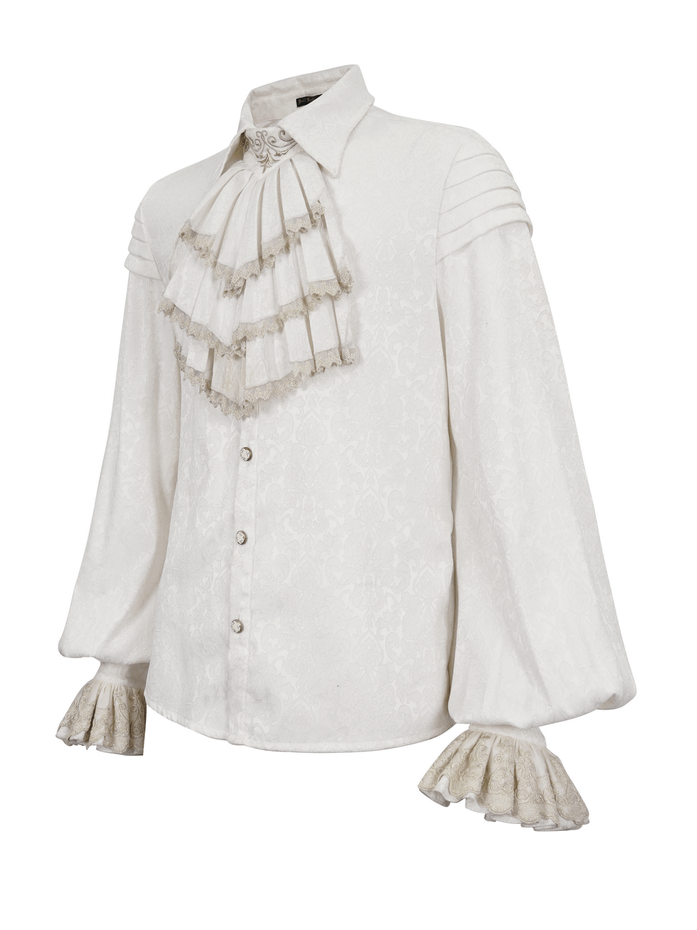 Gothic Men White Shirt With Tie & Lace Frill On Cuffs / Vintage Pattern Shirts with Metal Buttons