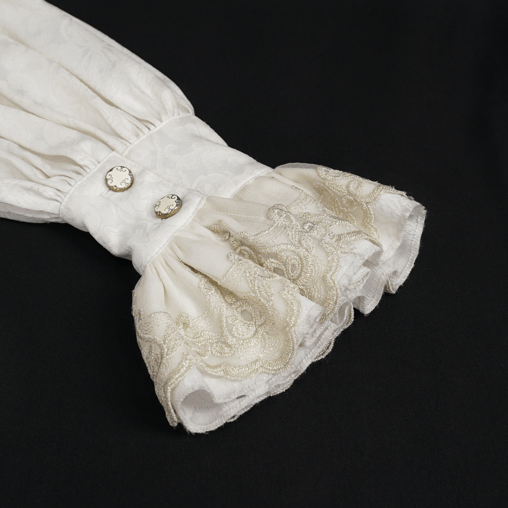 Gothic Men White Shirt With Tie & Lace Frill On Cuffs / Vintage Pattern Shirts with Metal Buttons