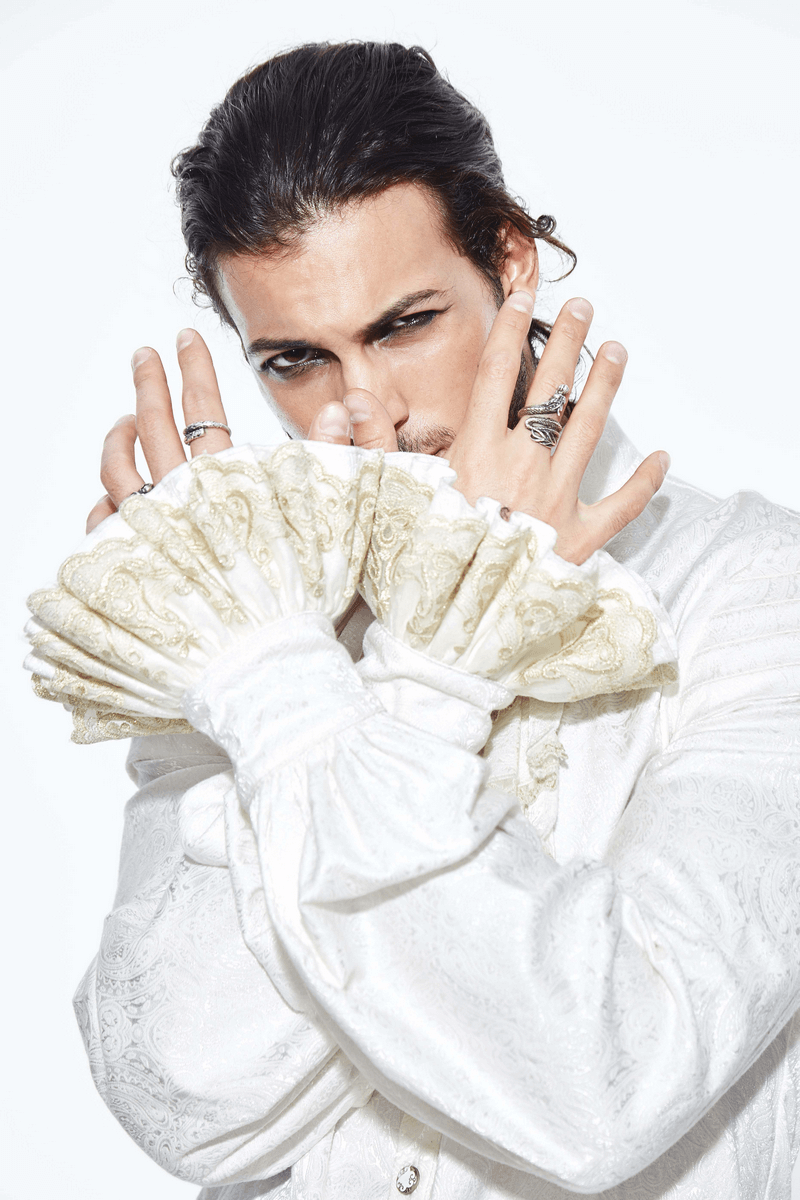 Gothic Men White Shirt With Tie & Lace Frill On Cuffs / Vintage Pattern Shirts with Metal Buttons