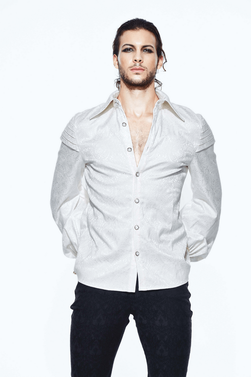 Gothic Men White Shirt With Tie & Lace Frill On Cuffs / Vintage Pattern Shirts with Metal Buttons