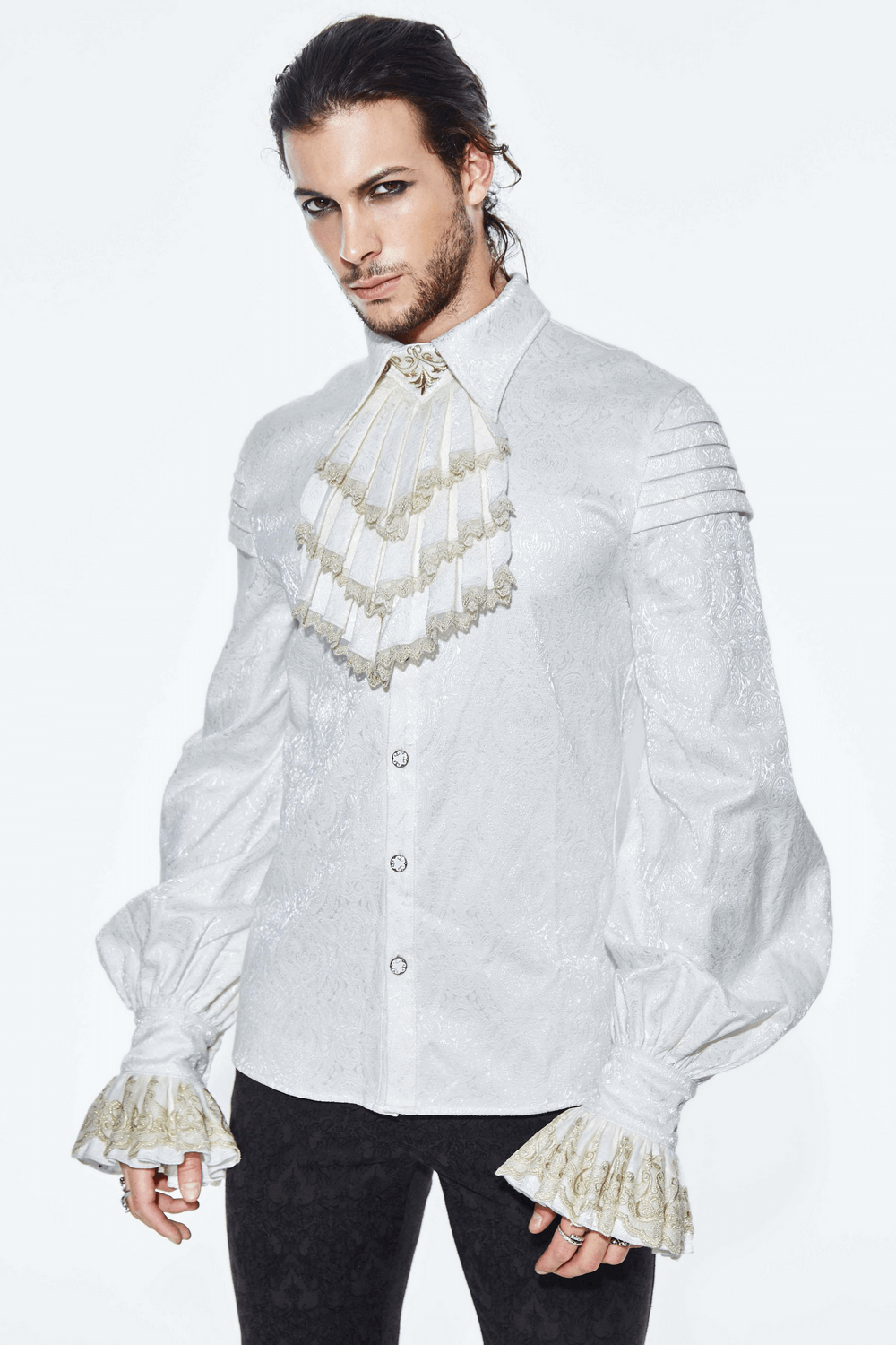 Gothic Men White Shirt With Tie & Lace Frill On Cuffs / Vintage Pattern Shirts with Metal Buttons