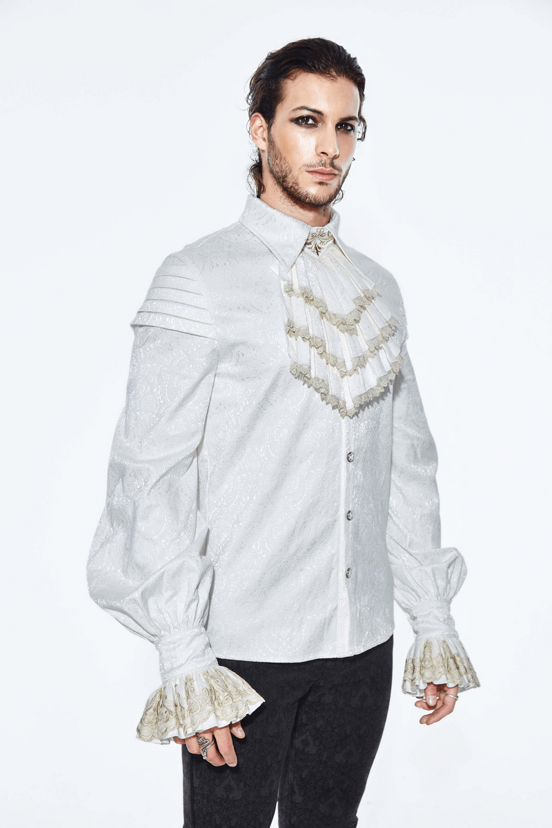 Gothic Men White Shirt With Tie & Lace Frill On Cuffs / Vintage Pattern Shirts with Metal Buttons