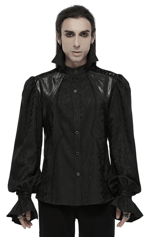 Gothic Men's Black Shirt with Stand Collar and Lace Trim