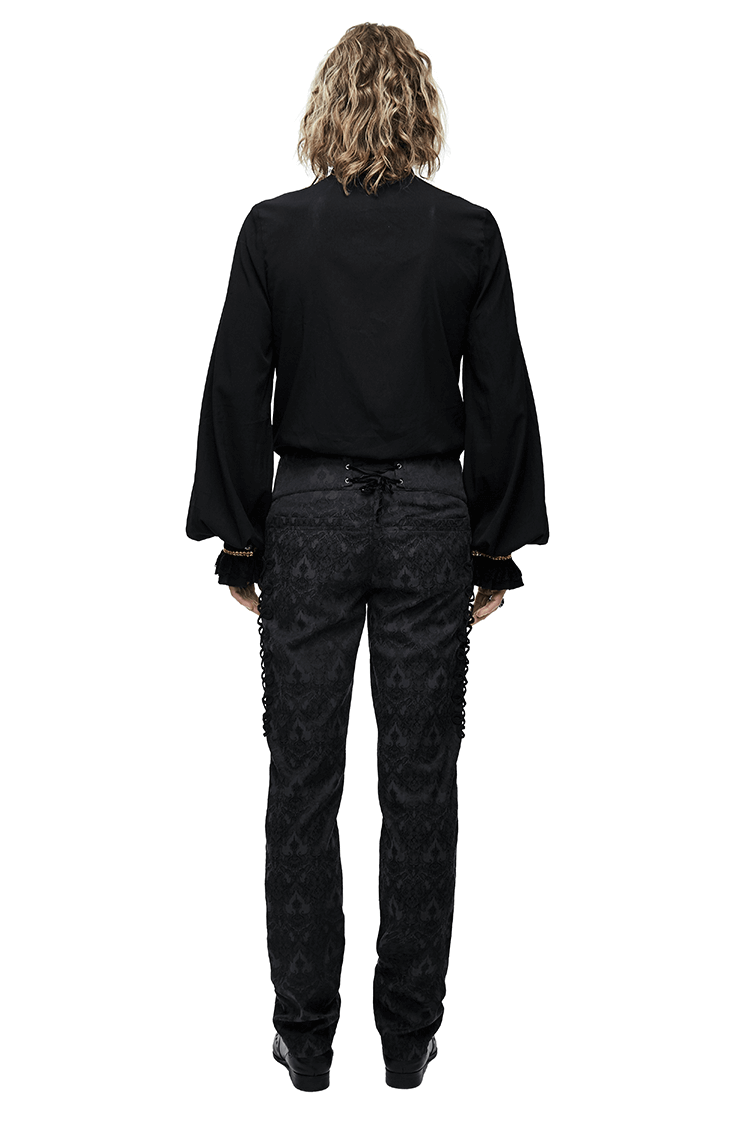 Gothic Men's Shirt with Chiffon Tie / Elegant Black Long Sleeve Shirt with Stand-Collar