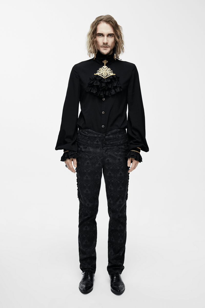 Gothic Men's Shirt with Chiffon Tie / Elegant Black Long Sleeve Shirt with Stand-Collar