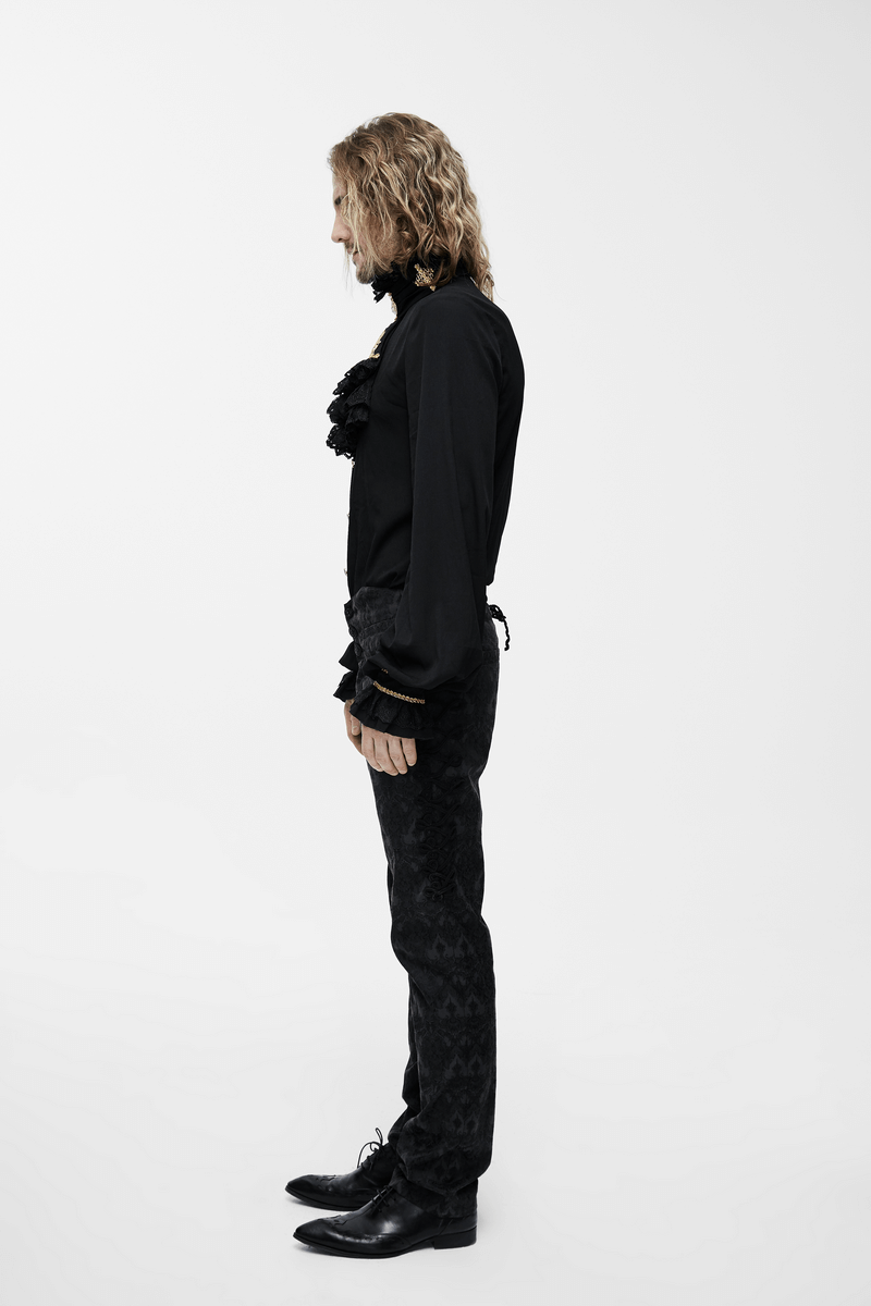 Gothic Men's Shirt with Chiffon Tie / Elegant Black Long Sleeve Shirt with Stand-Collar