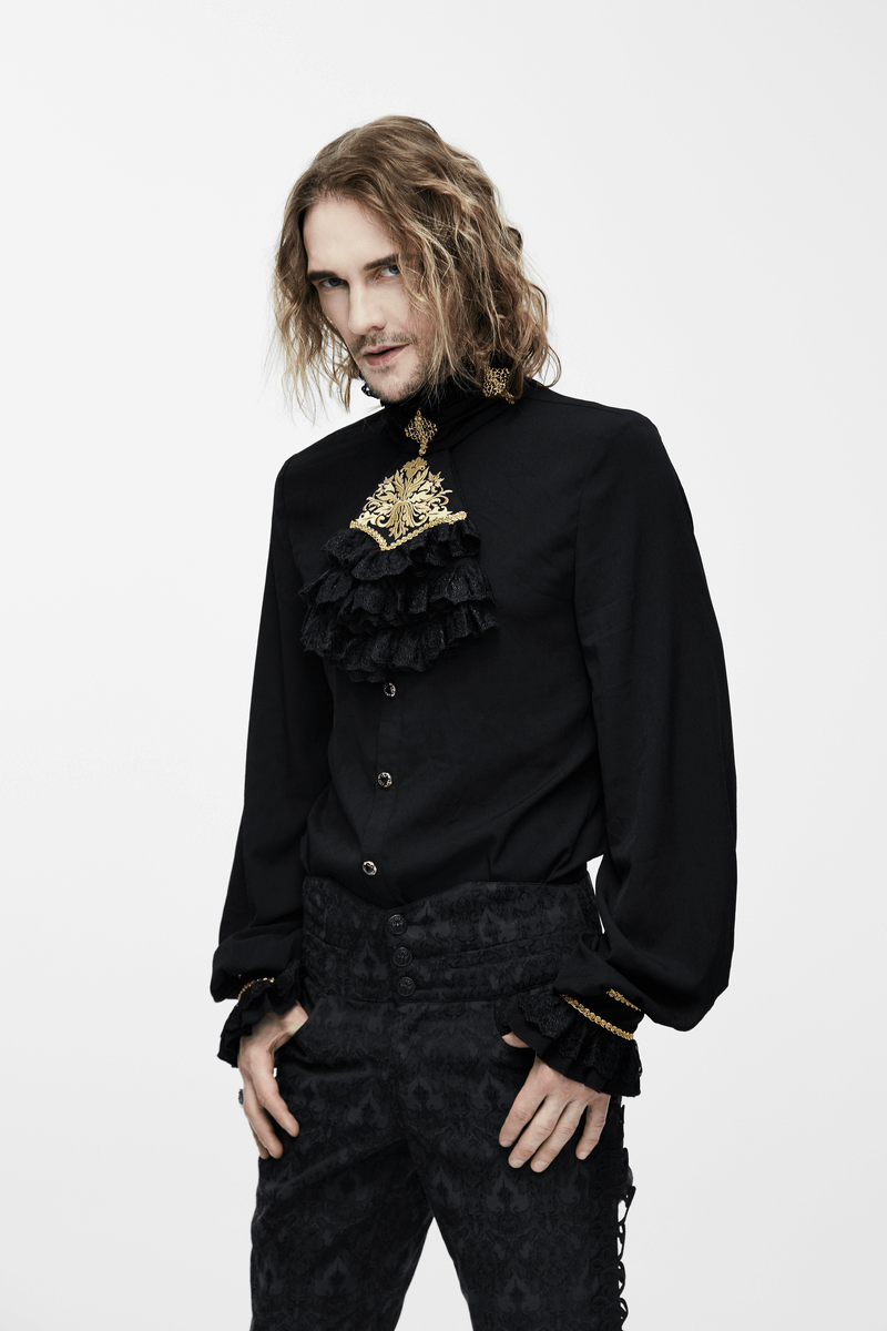Gothic Men's Shirt with Chiffon Tie / Elegant Black Long Sleeve Shirt with Stand-Collar