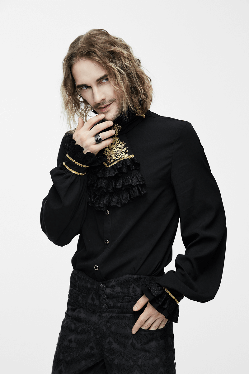 Gothic Men's Shirt with Chiffon Tie / Elegant Black Long Sleeve Shirt with Stand-Collar