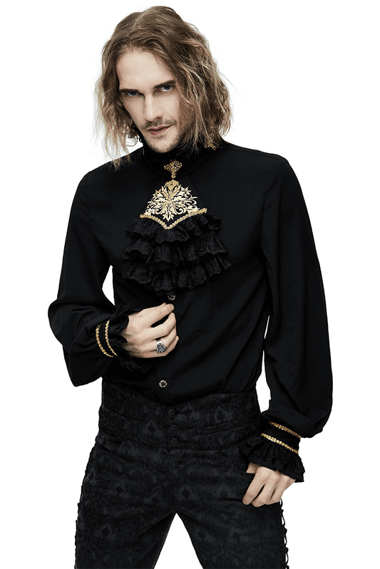 Gothic Men's Shirt with Chiffon Tie / Elegant Black Long Sleeve Shirt with Stand-Collar