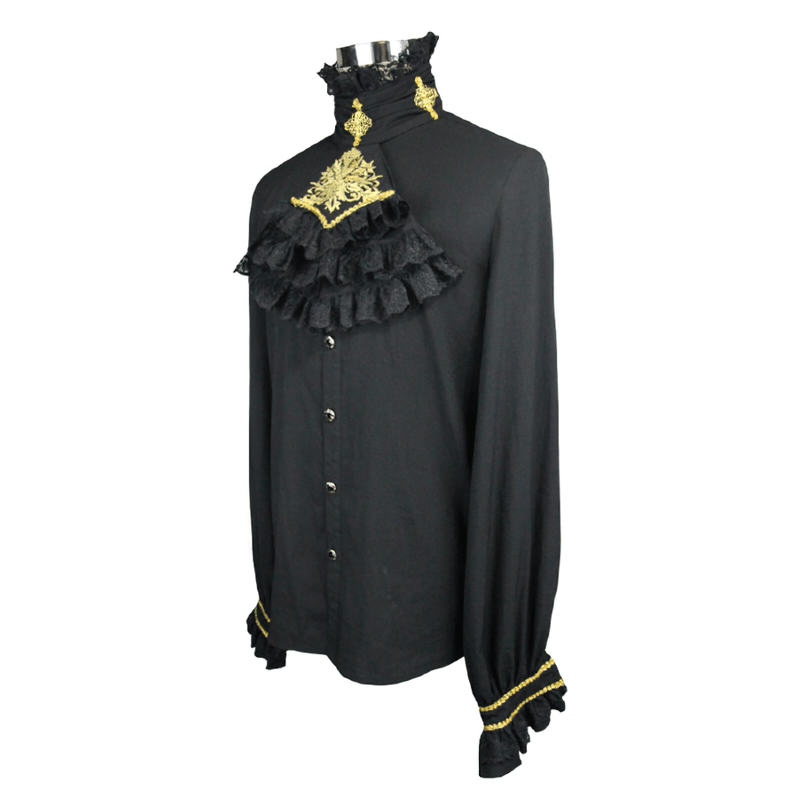 Gothic Men's Shirt with Chiffon Tie / Elegant Black Long Sleeve Shirt with Stand-Collar