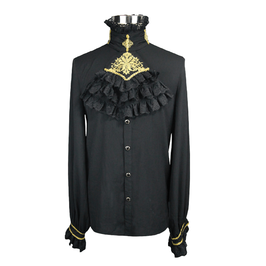 Gothic Men's Shirt with Chiffon Tie / Elegant Black Long Sleeve Shirt with Stand-Collar