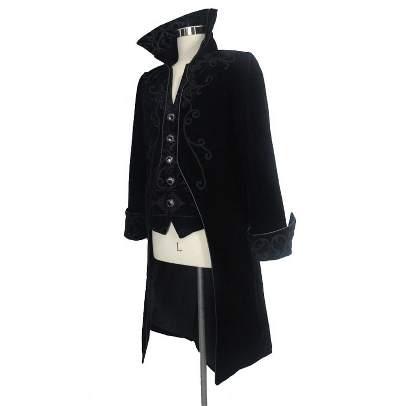 Gothic Men's Tailcoat From Black Velvet / Steampunk Male Coats with Stand Collar