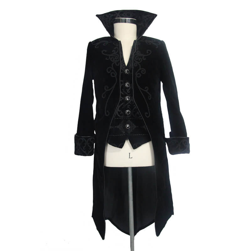 Gothic Men's Tailcoat From Black Velvet / Steampunk Male Coats with Stand Collar