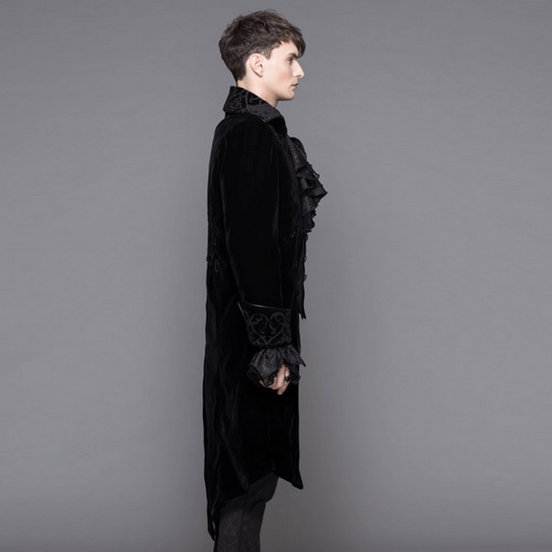 Gothic Men's Tailcoat From Black Velvet / Steampunk Male Coats with Stand Collar