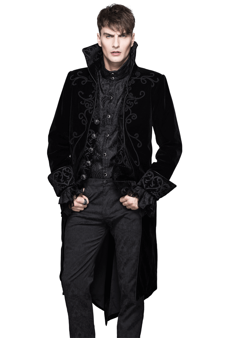 Gothic Men's Tailcoat From Black Velvet / Steampunk Male Coats with Stand Collar