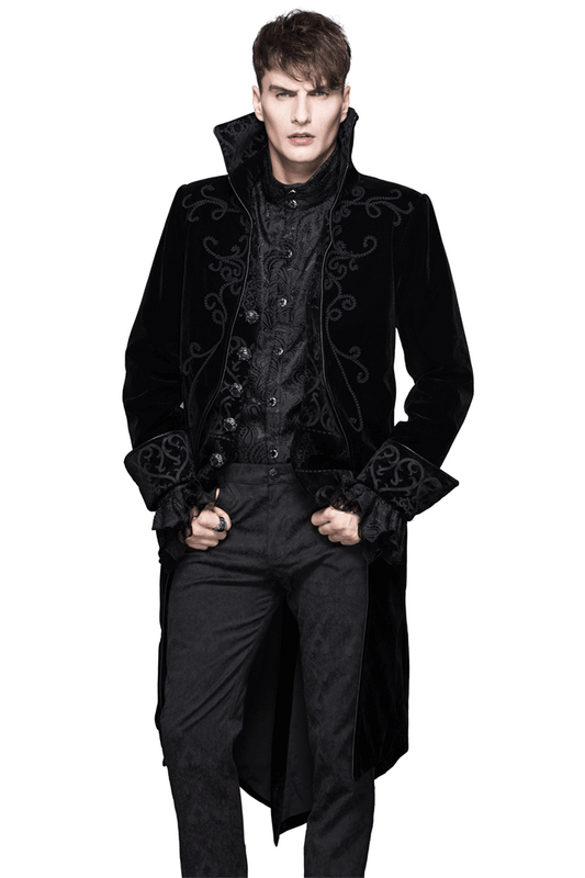 Gothic Men's Tailcoat From Black Velvet / Steampunk Male Coats with Stand Collar