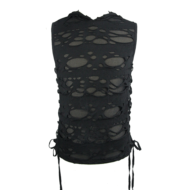 Gothic Men's Torn Tank Top With Hood / Male Black Out Fitted Tank Tops / Alternative Style Clothing