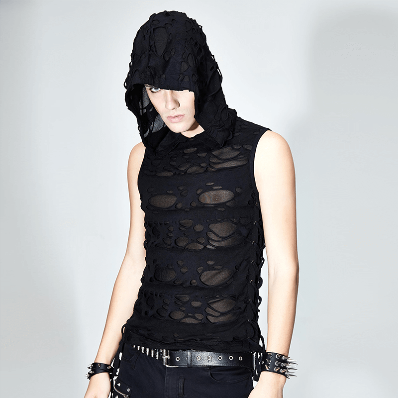 Gothic Men's Torn Tank Top With Hood / Male Black Out Fitted Tank Tops / Alternative Style Clothing