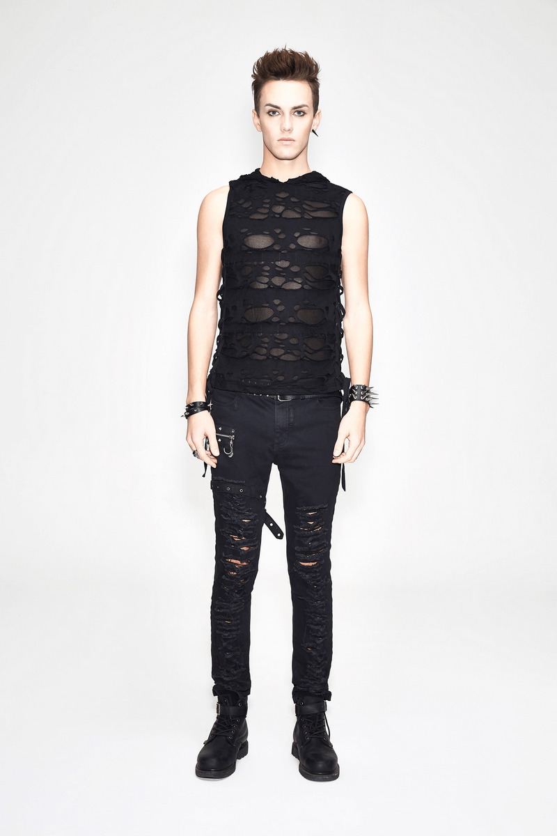 Gothic Men's Torn Tank Top With Hood / Male Black Out Fitted Tank Tops / Alternative Style Clothing