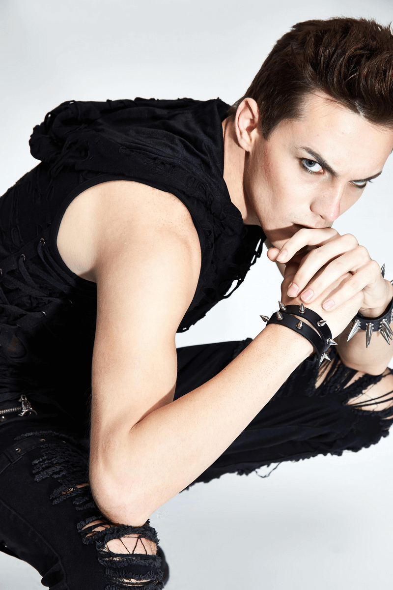 Gothic Men's Torn Tank Top With Hood / Male Black Out Fitted Tank Tops / Alternative Style Clothing