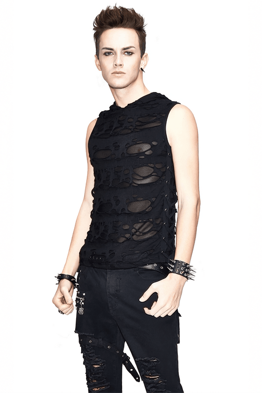 Gothic Men's Torn Tank Top With Hood / Male Black Out Fitted Tank Tops / Alternative Style Clothing